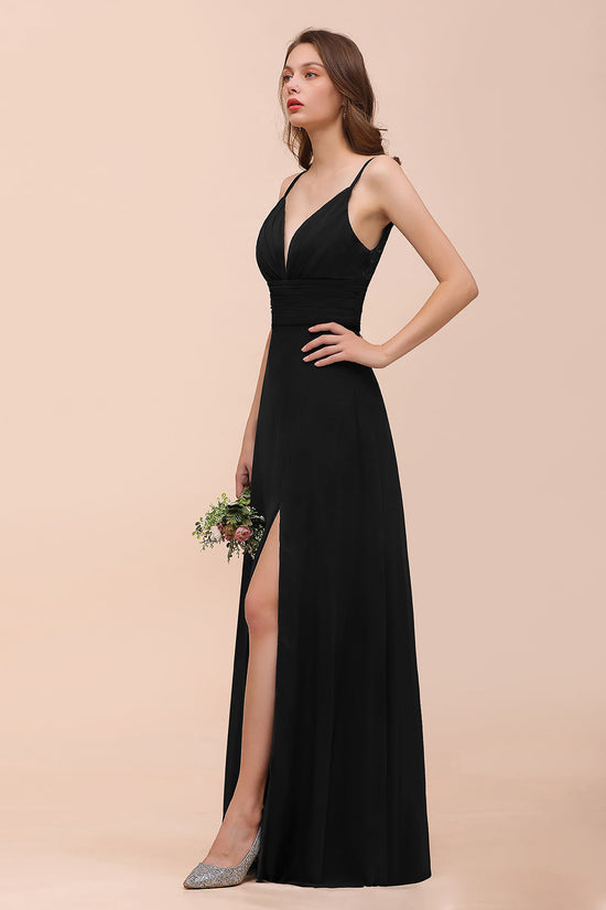 Deep V Neck Spaghetti Straps Slit Long Black Bridesmaid Dress-27dress