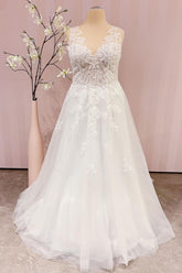 Delicate Lace V-Neck Long Wedding Dress Sleeveless-27dress