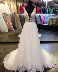 Designer V-Neck Sleeveless Lace Wedding Dress Long Bridal Gowns-27dress