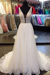 Designer V-Neck Sleeveless Lace Wedding Dress Long Bridal Gowns-27dress