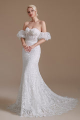 Detachable Bubble Sleeves Lace Wedding Dress Mermaid Long-27dress