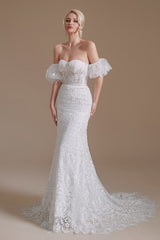 Detachable Bubble Sleeves Lace Wedding Dress Mermaid Long-27dress
