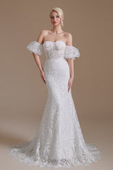 Detachable Bubble Sleeves Lace Wedding Dress Mermaid Long-27dress