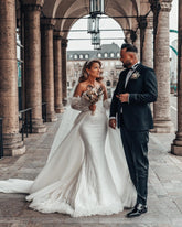 Detachable Sleeves Lace Wedding Dress Mermaid Overskirt-27dress