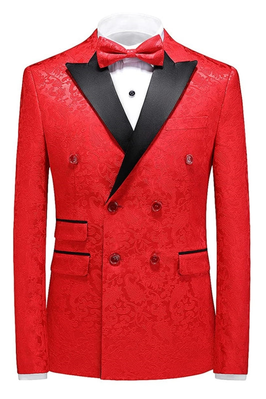 Double Breasted Three Pieces Jacquard Red Prom Suits