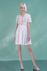 White Short Sleeves A-line Short Lace Dresses