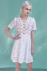 White Short Sleeves A-line Short Lace Dresses