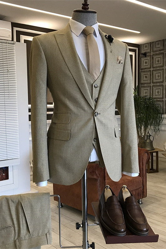 Drew Modern Light Peaked Lapel Three Pieces Khaki Business Suits
