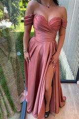 Dusty Pink Off the Shoulder Glorious Front Split Long Prom Dress