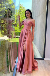 Dusty Pink Off the Shoulder Sweetheart Glorious Prom Front Split Prom Dress