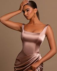 Dusty Rose Spaghetti Strap Square Neck Sleeveless Mermaid Prom Dress With Split