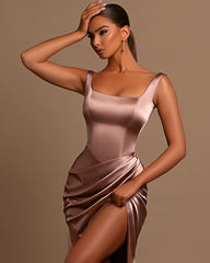 Dusty Rose Spaghetti Strap Square Neck Sleeveless Mermaid Prom Dress With Split