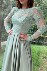 Dusty Sage Appliques Long Sleeves Prom Dress With Lace Split