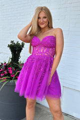 Sparkly Fuchsia Corset A-Line Tulle Short Homecoming Dress with Lace