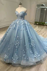 Elegant Blue Applique Tulle Strapless Evening Ball Gown