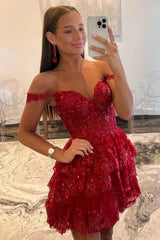 Sparkly Dark Red Corset Tiered Lace A-Line Short Homecoming Prom Dress