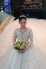 Luxurious Long Sleeves Lace Long Wedding Dress with Rhinestone