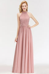 Dusty Rose Halter Chiffon A-Line Bridesmaid Dress