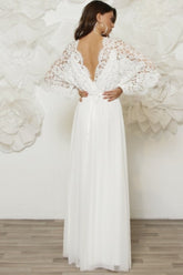 Effortlessly Long Lace Wedding Dress with Butterfly Sleeves From 27dress