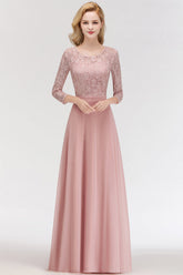 Elegant 3/4 Sleeves Lace Long Dusty Rose Bridesmaid Dresses Online-27dress