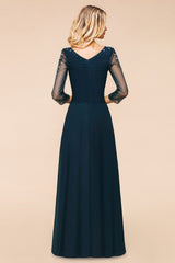 Elegant 3/4 Sleeves Ruffle Navy Chiffon Bridesmaid Dresses with Beadings-27dress