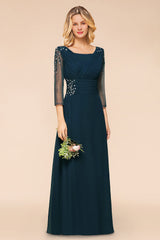 Elegant 3/4 Sleeves Ruffle Navy Chiffon Bridesmaid Dresses with Beadings-27dress