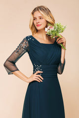 Elegant 3/4 Sleeves Ruffle Navy Chiffon Bridesmaid Dresses with Beadings-27dress