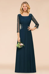 Elegant 3/4 Sleeves Ruffle Navy Chiffon Bridesmaid Dresses with Beadings-27dress