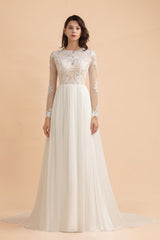 Elegant A-Line Chiffon Lace Wedding Dress Long Sleeves Jewel Ruffles Bridal Gowns On Sale-27dress