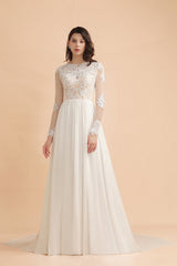 Elegant A-Line Chiffon Lace Wedding Dress Long Sleeves Jewel Ruffles Bridal Gowns On Sale-27dress
