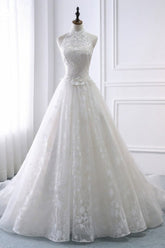 Elegant A-Line Halter Tulle White Wedding Dress Sleeveless Appliques Bridal Gowns On Sale-27dress