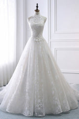 Elegant A-Line Halter Tulle White Wedding Dress Sleeveless Appliques Bridal Gowns On Sale-27dress