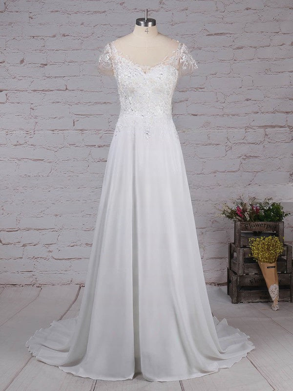 Elegant A-line Illusion Chiffon Sweep Train Wedding Dress With Beading