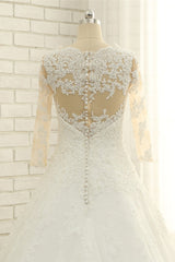 Elegant A-Line Jewel White Tulle Lace Wedding Dress 3/4 Sleeves Appliques Bridal Gowns with Pearls-27dress