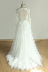 Elegant A-line Lace Tulle Wedding Dress Long Sleeves Appliques Bridal Gowns Online-27dress