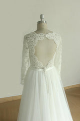 Elegant A-line Lace Tulle Wedding Dress Long Sleeves Appliques Bridal Gowns Online-27dress