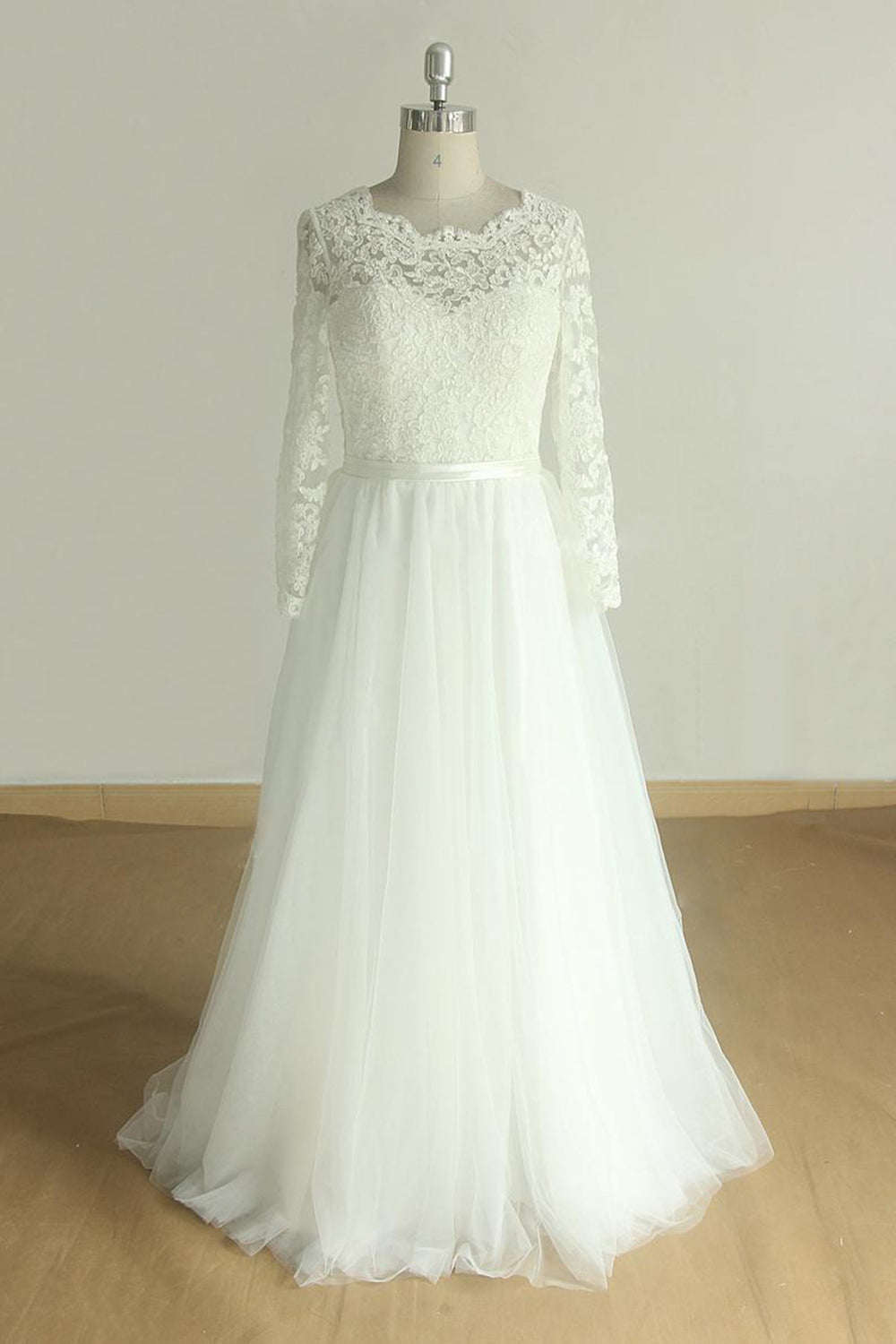 Elegant A-line Lace Tulle Wedding Dress Long Sleeves Appliques Bridal Gowns Online-27dress