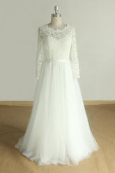 Elegant A-line Lace Tulle Wedding Dress Long Sleeves Appliques Bridal Gowns Online-27dress