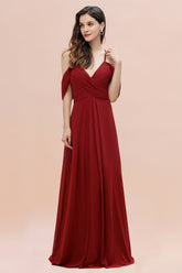 Elegant A-line Off-the-Shoulder V-neck Ruched Long Bridesmaid Dress-27dress