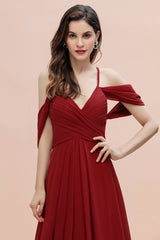 Elegant A-line Off-the-Shoulder V-neck Ruched Long Bridesmaid Dress-27dress