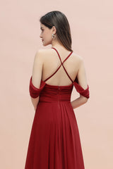 Elegant A-line Off-the-Shoulder V-neck Ruched Long Bridesmaid Dress-27dress
