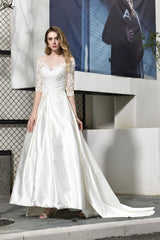 Elegant A-Line Satin Lace 3/4 Sleeves Ankle Length Wedding Dress-27dress