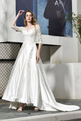 Elegant A-Line Satin Lace 3/4 Sleeves Ankle Length Wedding Dress-27dress