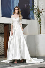 Elegant A-Line Satin Lace 3/4 Sleeves Ankle Length Wedding Dress-27dress