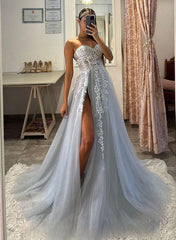 Elegant A-Line Strapless Lace Tulle Long Prom Dress With Split-27dress
