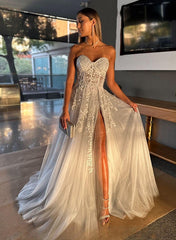 Elegant A-Line Strapless Lace Tulle Long Prom Dress With Split-27dress