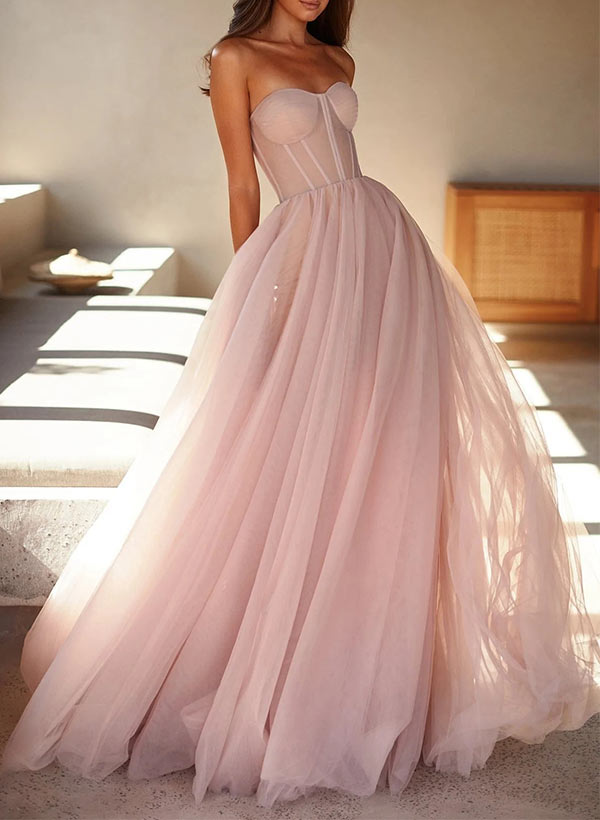 Elegant A-Line Sweetheart Floor-Length Tulle Sleeveless Prom Dress-27dress