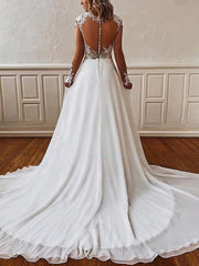 Elegant A-line V-neck Chiffon Court Train Wedding Dress With Appliques Lace