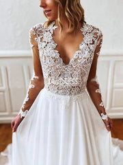 Elegant A-line V-neck Chiffon Court Train Wedding Dress With Appliques Lace