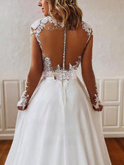 Elegant A-line V-neck Chiffon Court Train Wedding Dress With Appliques Lace